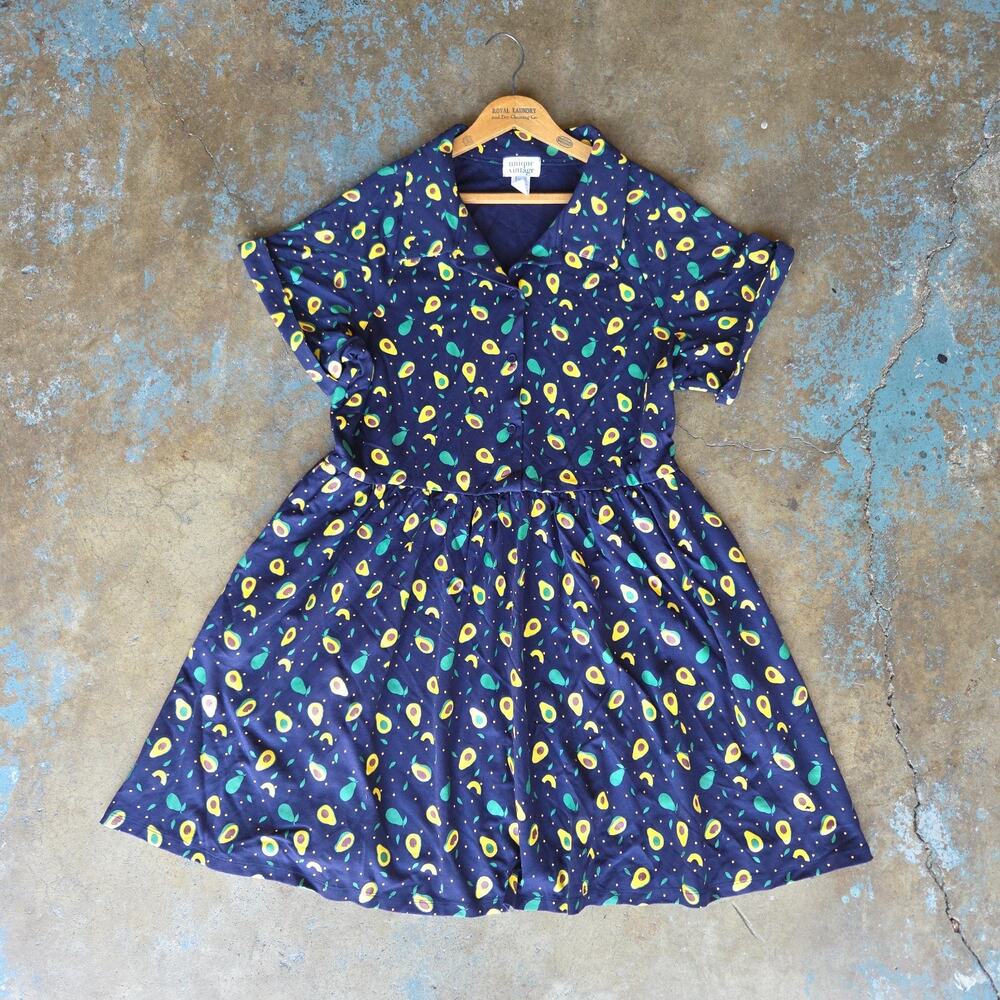 Unique Vintage Avocado Dress Plus Size 1X 16 New Navy Blue Retro Short Sleeve